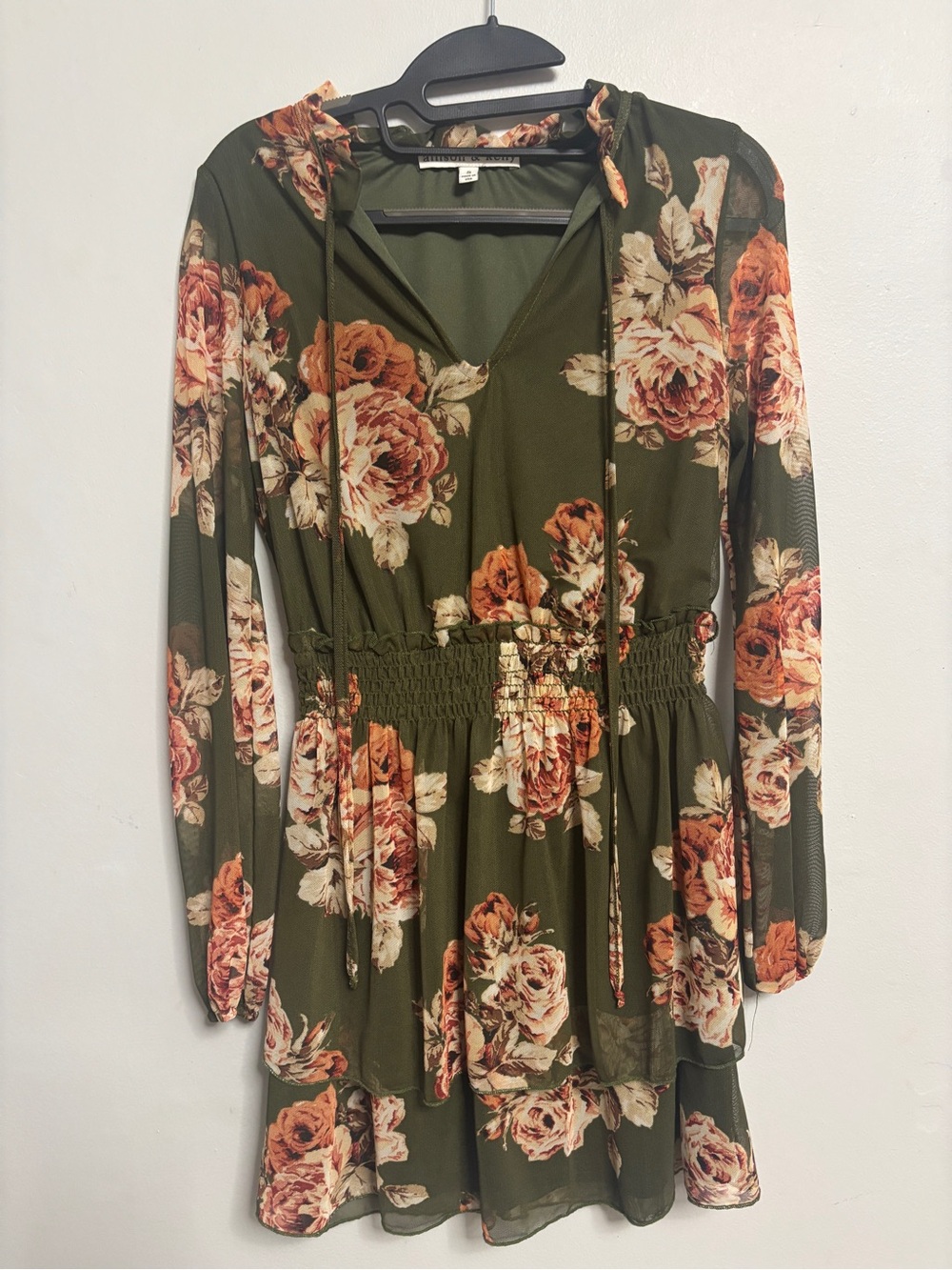 Floral Smocked Waist V-Neck Long Sleeve Top - Olive